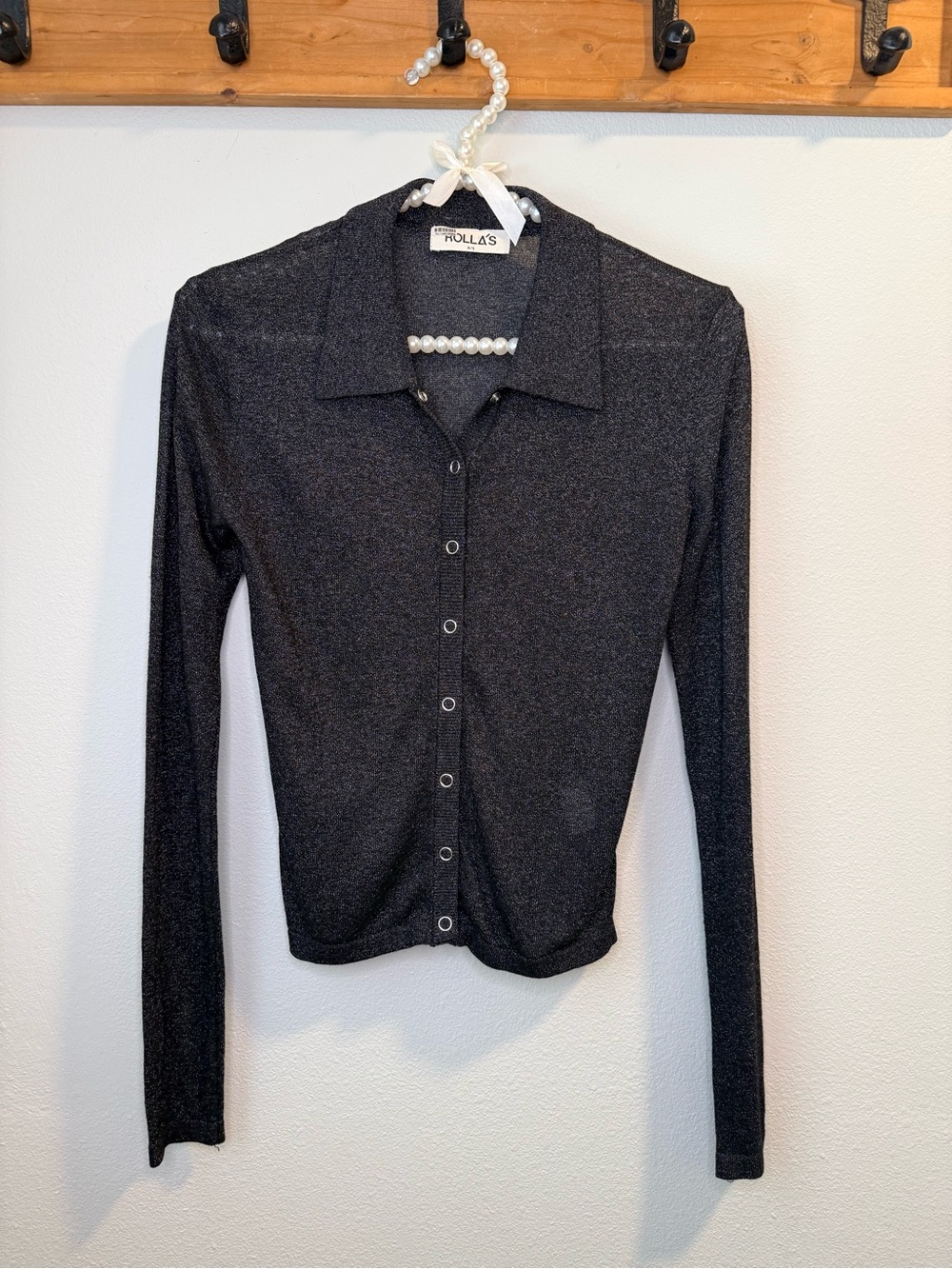 Rollas Black Metallic Sheer Button-Front Long Sleeve Top Small
